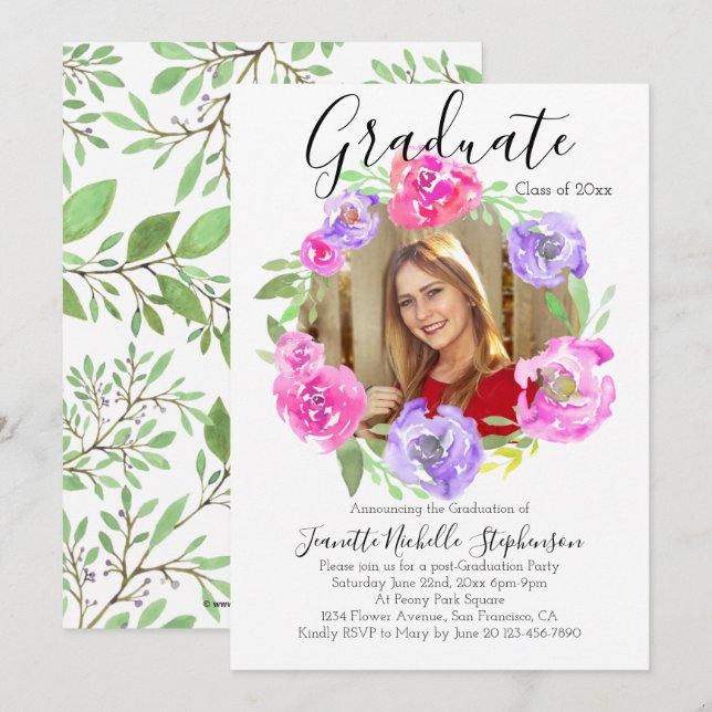 Watercolor Modern Floral Wreath Photo Graduation Invitation (Front/Back)