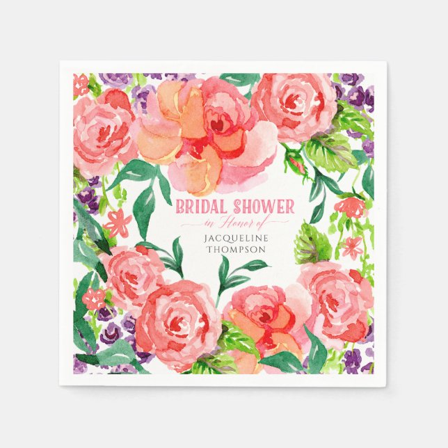 Watercolor Modern Flowers Bright Colourful Bridal Napkin (Front)