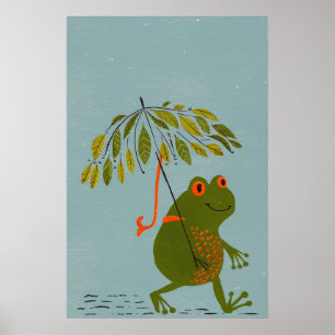 Watercolor modern green frog & leaves umbrella#5 poster