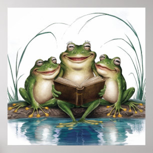 Watercolor modern green frogs reading book poster