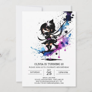 Watercolor Modern Ninja Girl Birthday Invitation