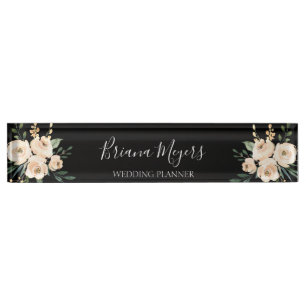 Watercolor Modern on Black Floral Business Nameplate