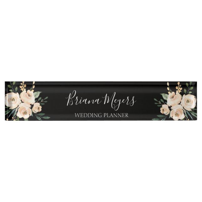 Watercolor Modern on Black Floral Business Nameplate (Front)