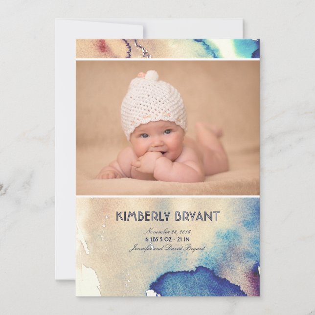 Watercolor Modern Painted Baby Birth Announcement (Front)