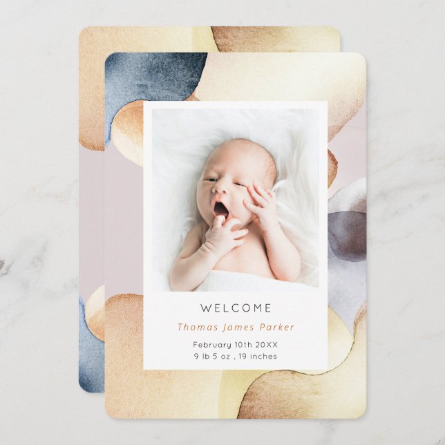 Watercolor Modern Photo Birth Announcement (Front/Back)