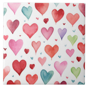 Watercolor Modern Red Pink Blue Heart Pattern Tile