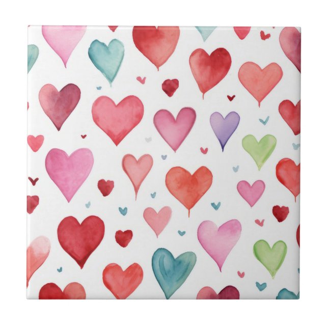 Watercolor Modern Red Pink Blue Heart Pattern Tile (Front)