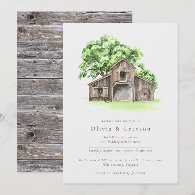Watercolor Modern Rustic Barn Wedding Invitation  (Front/Back)