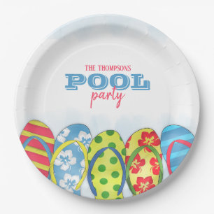 Watercolor Modern Simple Pool Party Flip Flops Paper Plate