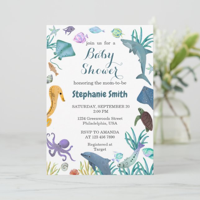 Watercolor Modern Under the Sea Baby Shower Invitation (Standing Front)