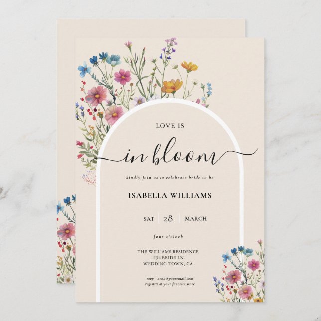 Watercolor Modern Wildflower Bridal Shower Invitation (Front/Back)