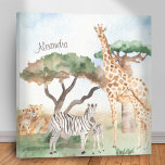 Watercolor Mommy and Baby African Animals Canvas Print<br><div class="desc">Add an adorable custom safari theme to the bedroom or nursery of your little girl or boy with this pretty watercolor African animal canvas art. Art has mommy and baby giraffes, zebras, and lions in an African savannah background. There is also a place for a first name (which may be...</div>