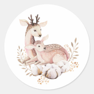 Watercolor Mommy and Baby Deer Wreath Woodland Classic Round Sticker