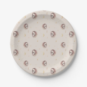 Watercolor Mommy and Baby Hedgehog Boho Pattern Paper Plate