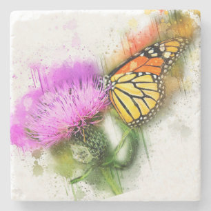Watercolor Monarch Butterfly and Wildflower Stone Coaster
