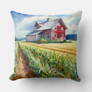 Watercolor Monitor Barn and Corn Field Cushion