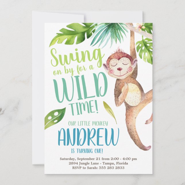 Watercolor Monkey Birthday Party Invitation (Front)