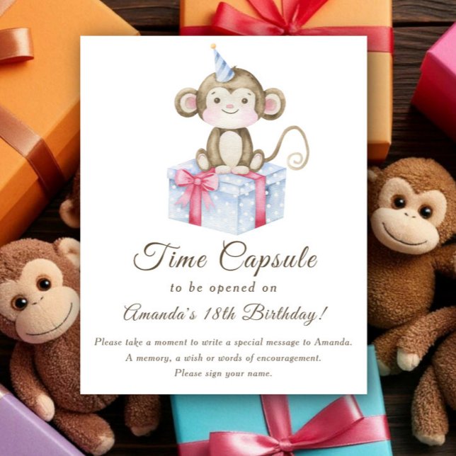Watercolor Monkey bow Time Capsule 1st birthday Poster (Creator Uploaded)