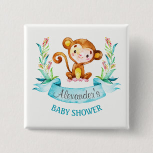 Watercolor Monkey Boy Baby Shower 15 Cm Square Badge