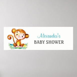 Watercolor Monkey Boy Baby Shower Banner Poster