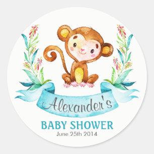 Watercolor Monkey Boy Baby Shower Classic Round Sticker