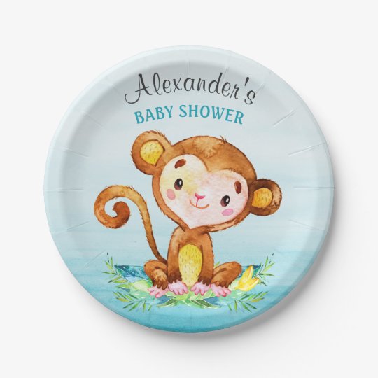 Watercolor Monkey Boy Baby Shower Paper Plate