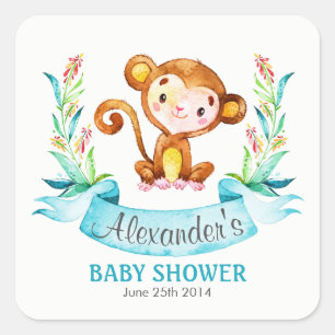 Watercolor Monkey Boy Baby Shower Square Sticker