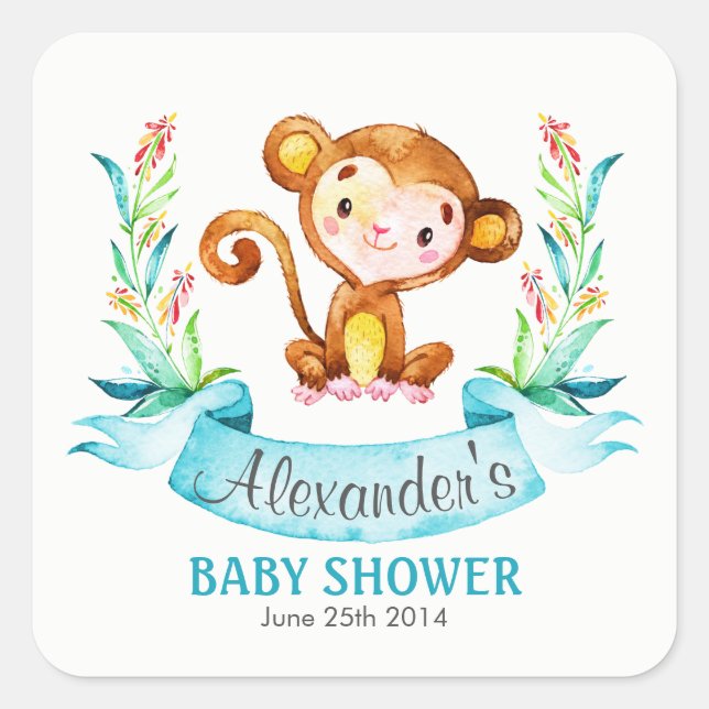 Watercolor Monkey Boy Baby Shower Square Sticker (Front)