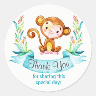 Watercolor Monkey Boy Thank You Classic Round Sticker