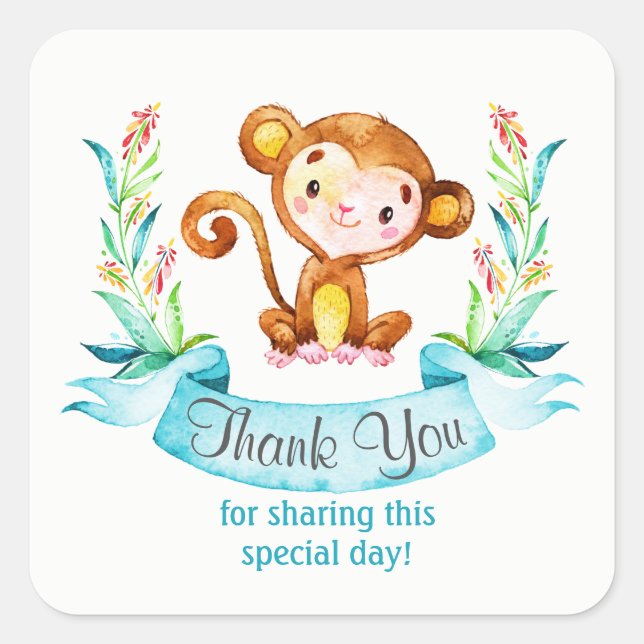 Watercolor Monkey Boy Thank You Square Sticker (Front)