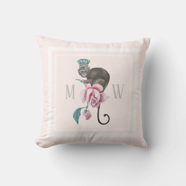 Watercolor Monkey | Chic Monogram Blush Pink Cushion (Front)