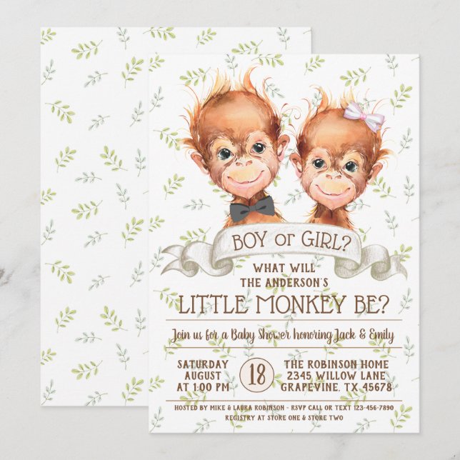 Watercolor Monkey Gender Reveal Invitation (Front/Back)