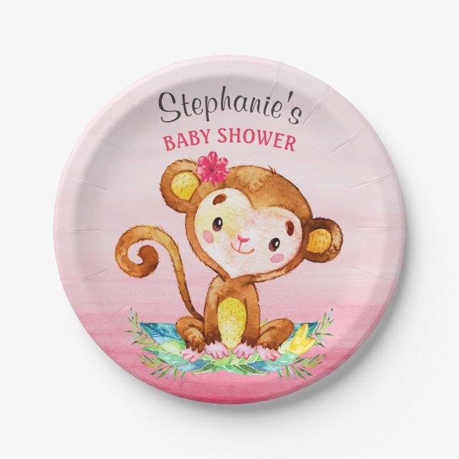 Watercolor Monkey Girl Baby Shower Paper Plate (Front)