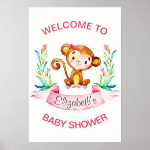 Watercolor Monkey Girl Baby Shower Poster