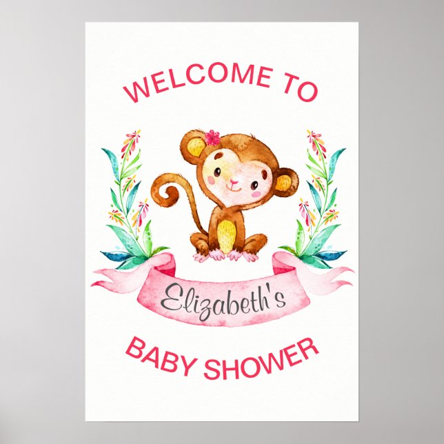 Watercolor Monkey Girl Baby Shower Poster (Front)