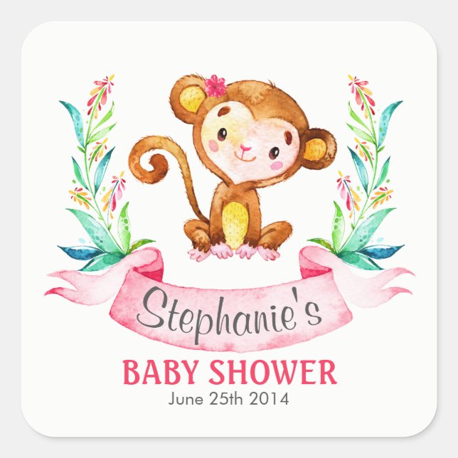 Watercolor Monkey Girl Baby Shower Square Sticker (Front)