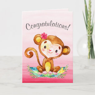 Watercolor Monkey Girl Congratulations Card