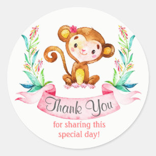 Watercolor Monkey Girl Thank You Classic Round Sticker