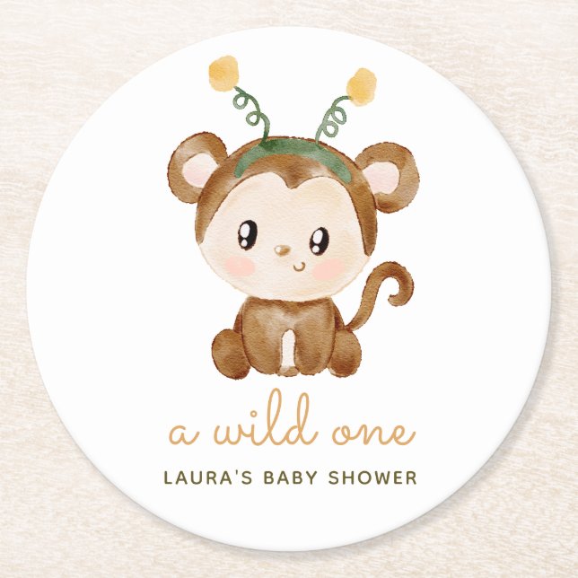 Watercolor Monkey Tropical Leaves Baby Shower Round Paper Coaster (Front)