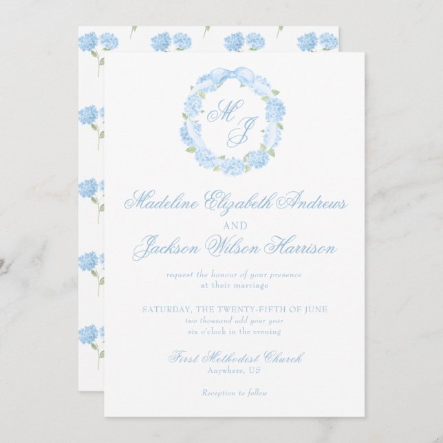 Watercolor Monogram Blue Hydrangea Wreath Wedding Invitation (Front/Back)