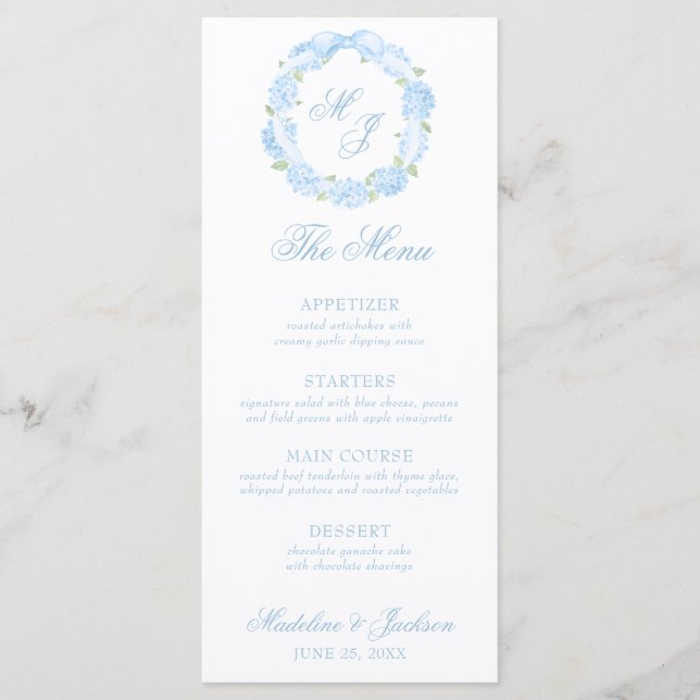 Watercolor Monogram Blue Hydrangea Wreath Wedding Menu (Front)