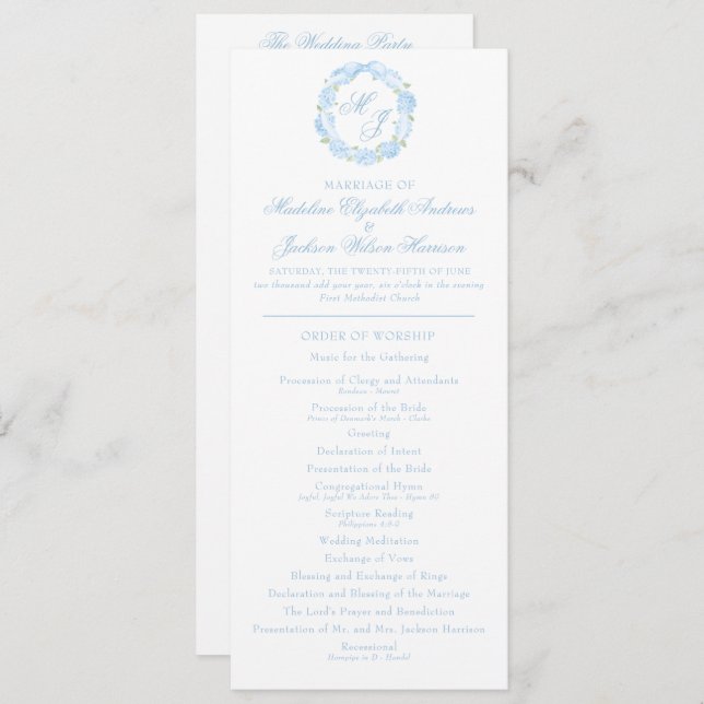 Watercolor Monogram Blue Hydrangea Wreath Wedding Programme (Front/Back)