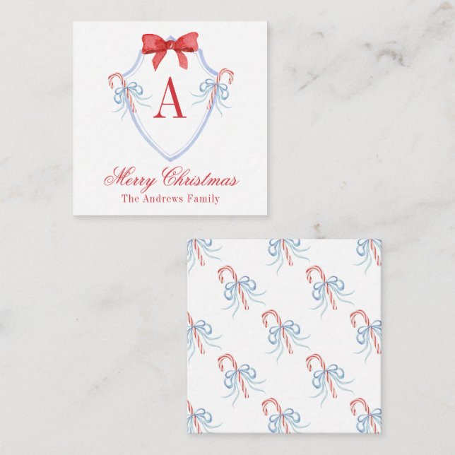 Watercolor Monogram Bow Candy Cane Crest Card (Front/Back)
