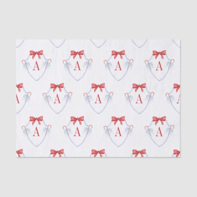 Watercolor Monogram Bow Candy Cane Crest Tissue Paper (Front)