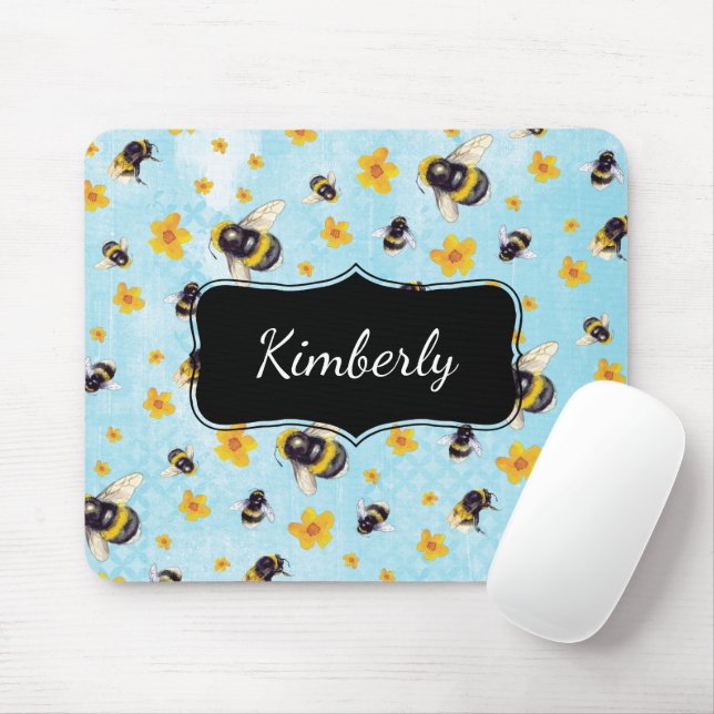 Watercolor Monogram Bumblebee Mouse Mat (With Mouse)