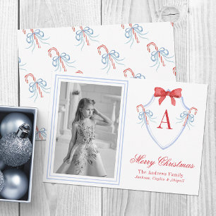 Watercolor Monogram Candy Cane Crest Photo Holiday Card