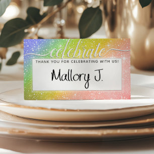 🌈 Watercolor Monogram CELEBRATE Rainbow Place Card