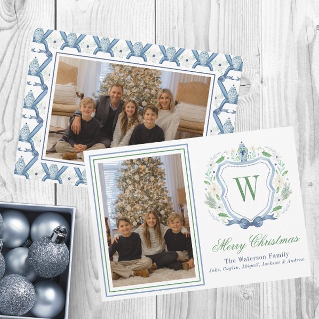 Watercolor Monogram Chinoiserie Jar Crest Photo Holiday Card (Creator Uploaded)