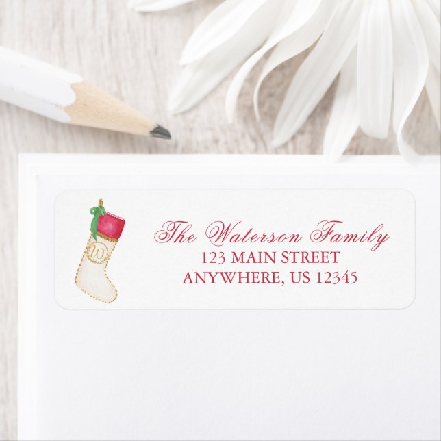 Watercolor Monogram Christmas Stocking Address (Insitu)