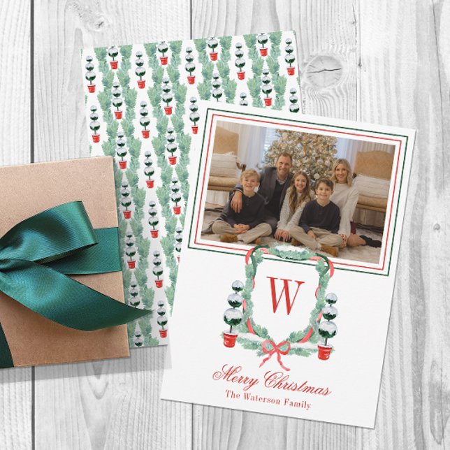 Watercolor Monogram Christmas Topiary Crest Photo Holiday Card (Creator Uploaded)